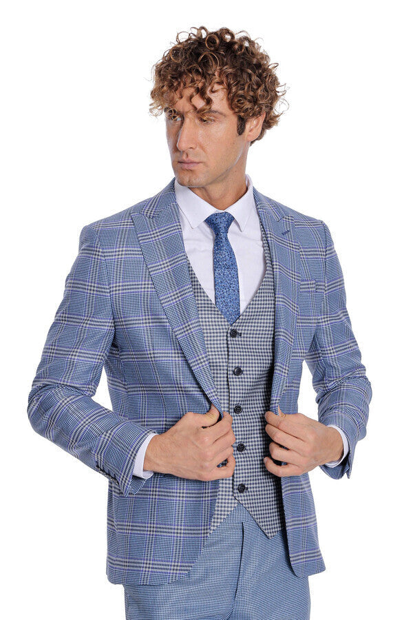 WSS Patterned Checked Slim Fit Blue Men Suit  - Grande Prairie