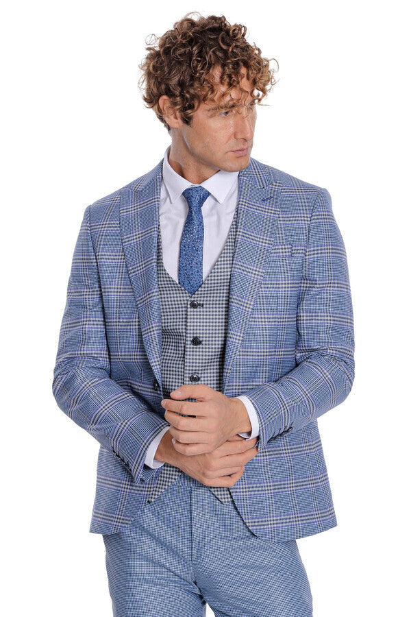 WSS Patterned Checked Slim Fit Blue Men Suit  - Grande Prairie