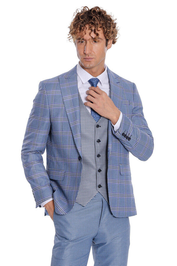 WSS Patterned Checked Slim Fit Blue Men Suit  - Grande Prairie