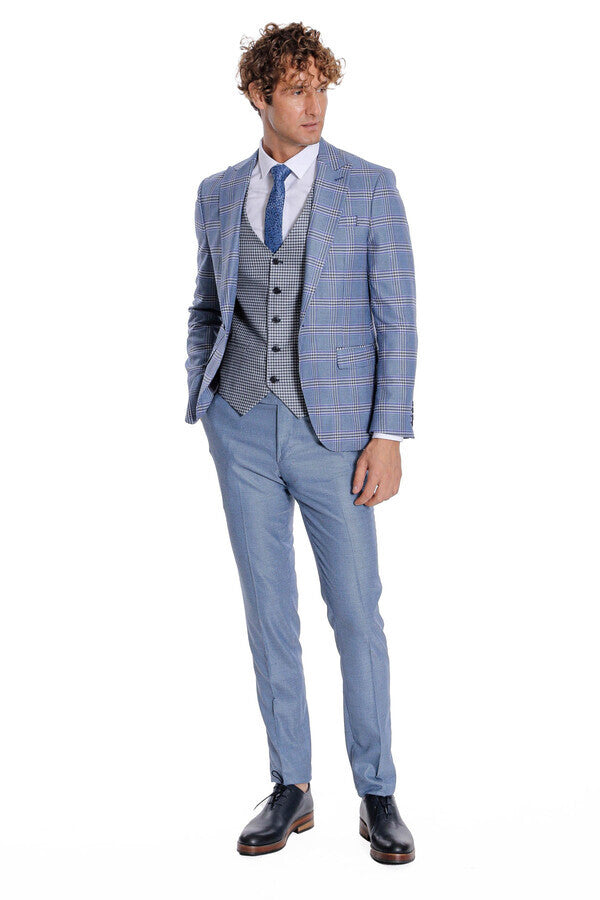 WSS Patterned Checked Slim Fit Blue Men Suit  - Grande Prairie