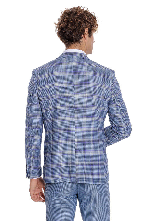 WSS Patterned Checked Slim Fit Blue Men Suit  - Grande Prairie