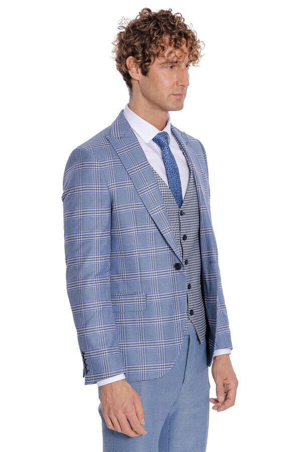 WSS Patterned Checked Slim Fit Blue Men Suit  - Grande Prairie