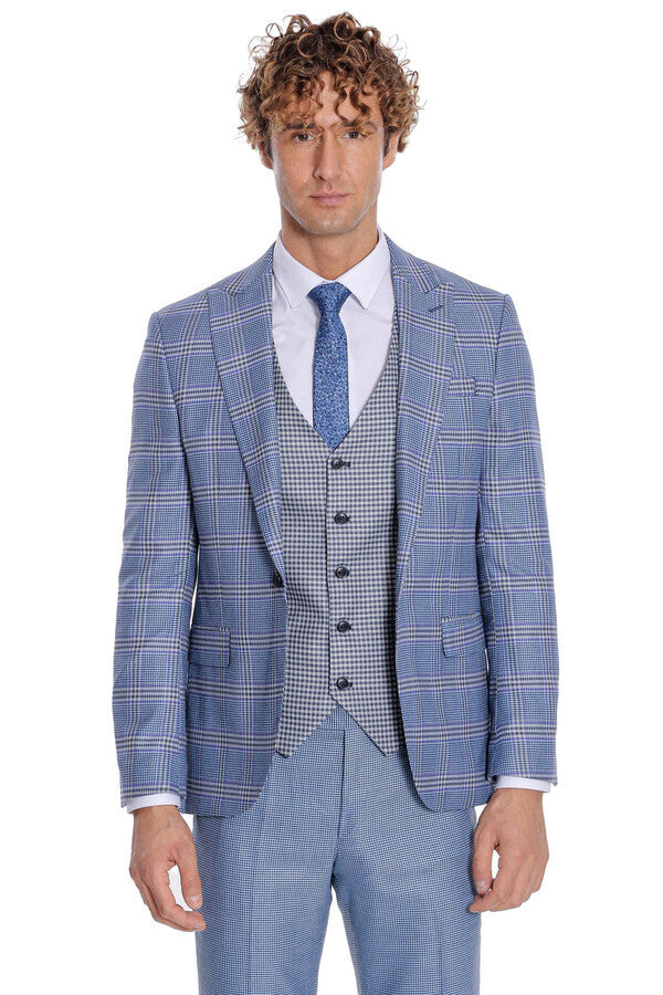 WSS Patterned Checked Slim Fit Blue Men Suit  - Grande Prairie