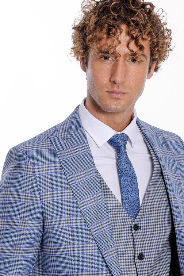 WSS Patterned Checked Slim Fit Blue Men Suit  - Grande Prairie