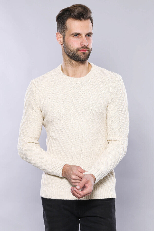 WSS Patterned Circle Neck Cream Sweater  - Falkirk