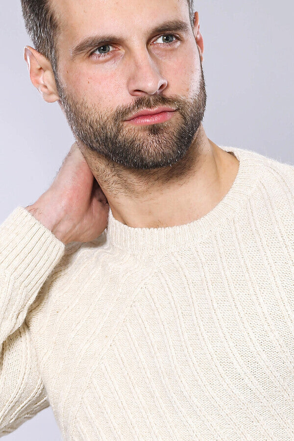 WSS Patterned Circle Neck Cream Sweater  - Falkirk