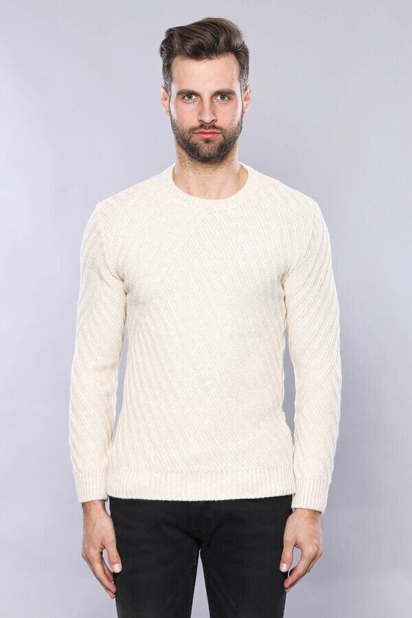 WSS Patterned Circle Neck Cream Sweater  - Falkirk