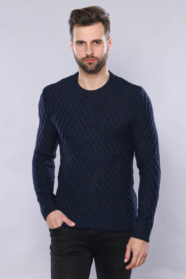 WSS Patterned Circle Neck Navy Sweater  - Hoogvliet