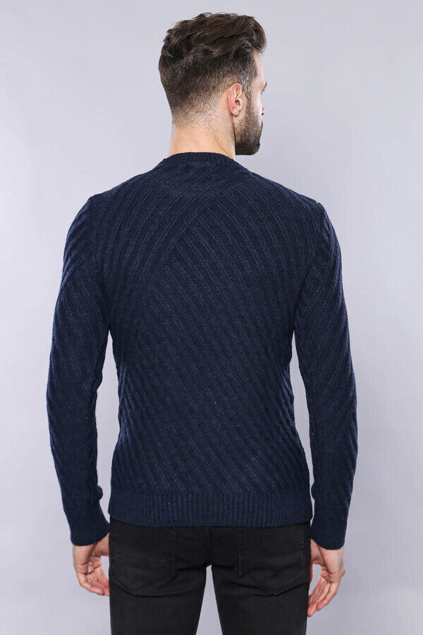 WSS Patterned Circle Neck Navy Sweater  - Hoogvliet