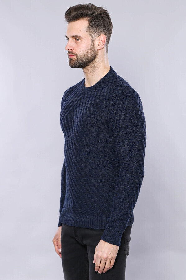 WSS Patterned Circle Neck Navy Sweater  - Hoogvliet
