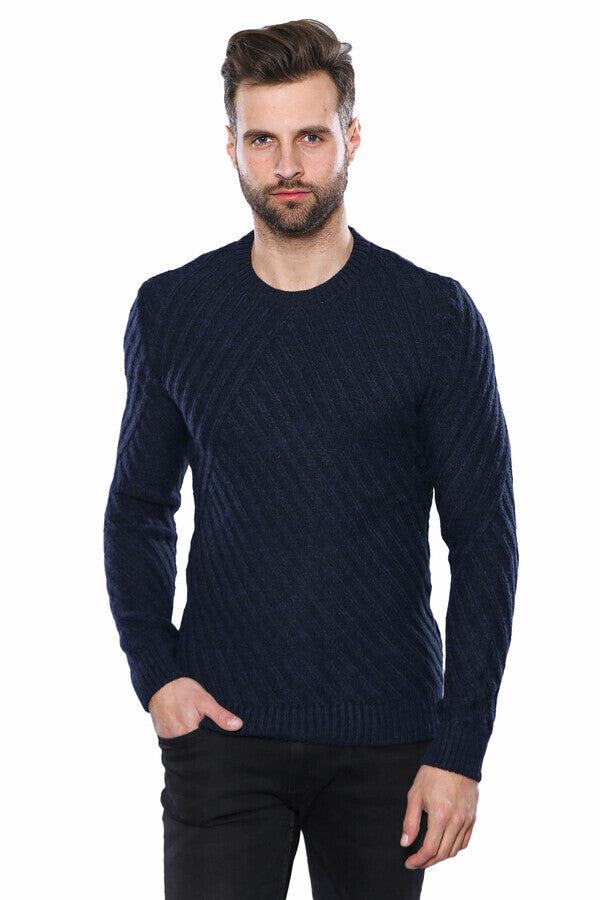 WSS Patterned Circle Neck Navy Sweater  - Hoogvliet