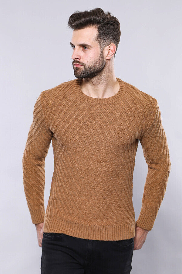 WSS Patterned Circle Neck Tawny Sweater  - Clamart