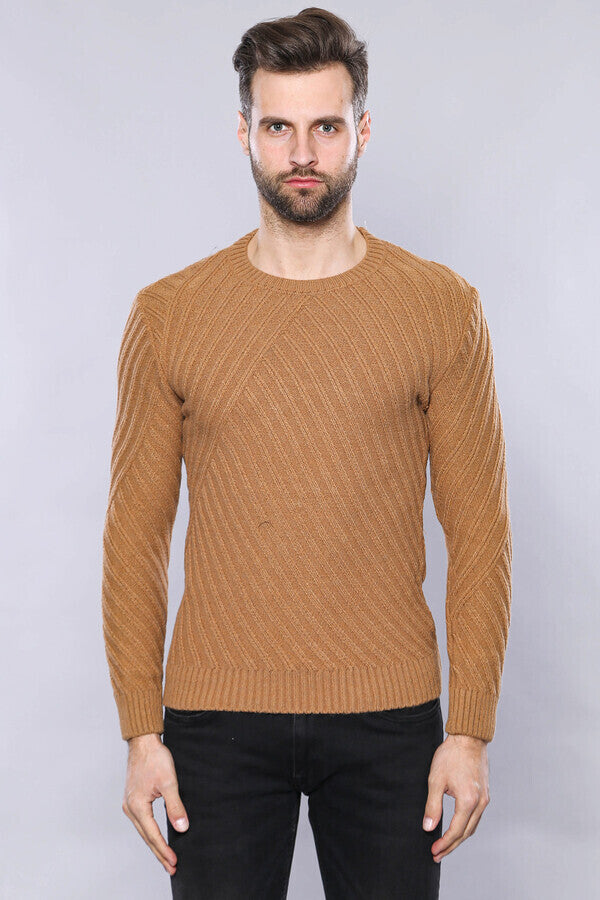WSS Patterned Circle Neck Tawny Sweater  - Clamart