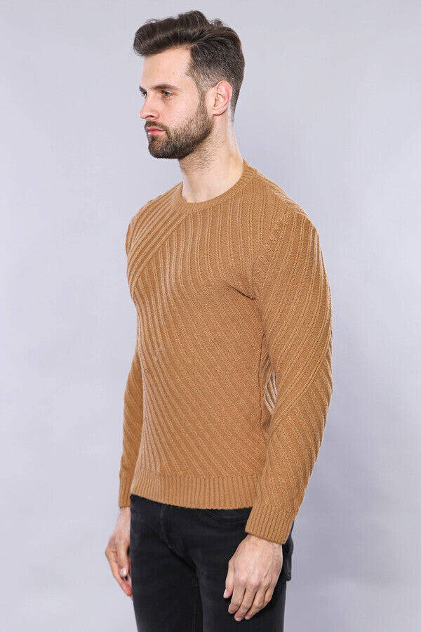 WSS Patterned Circle Neck Tawny Sweater  - Clamart