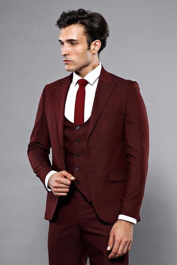 WSS Patterned Claret Red 3 Piece Suit  - Sarcelles