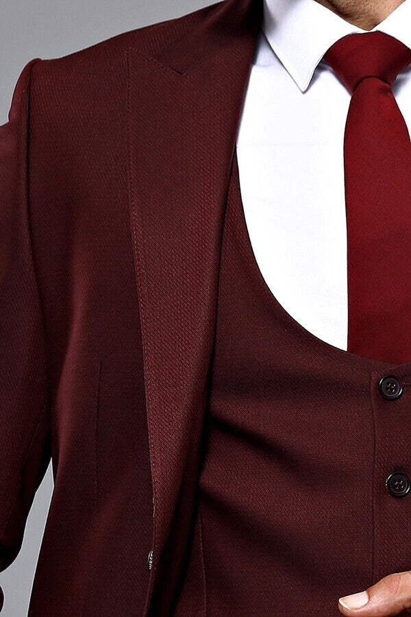 WSS Patterned Claret Red 3 Piece Suit  - Sarcelles