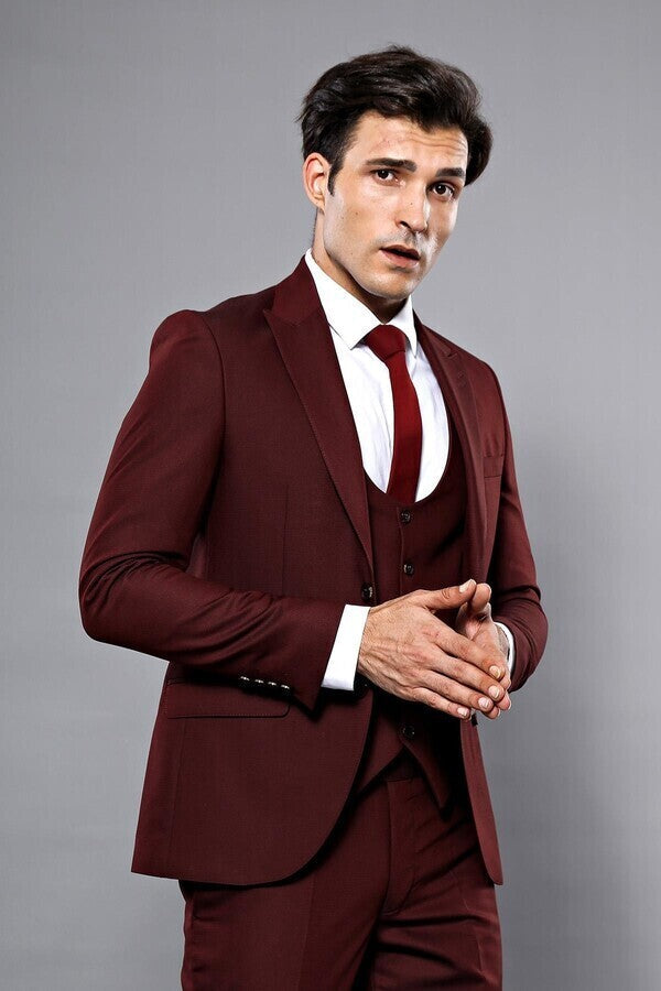 WSS Patterned Claret Red 3 Piece Suit  - Sarcelles