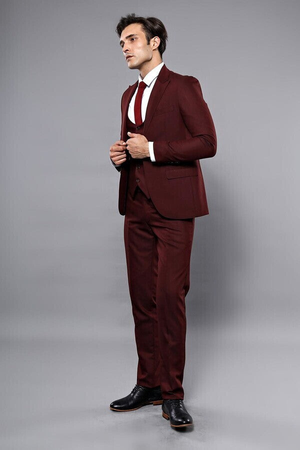 WSS Patterned Claret Red 3 Piece Suit  - Sarcelles