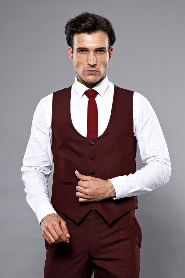 WSS Patterned Claret Red 3 Piece Suit  - Sarcelles