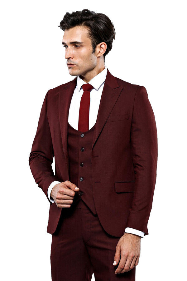 WSS Patterned Claret Red 3 Piece Suit  - Sarcelles