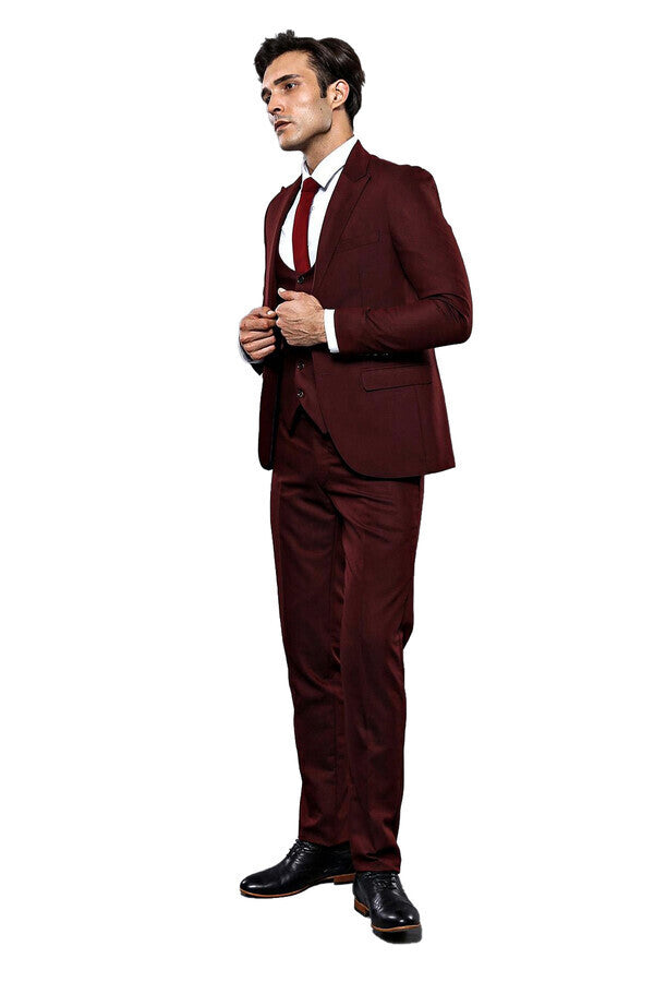WSS Patterned Claret Red 3 Piece Suit  - Sarcelles