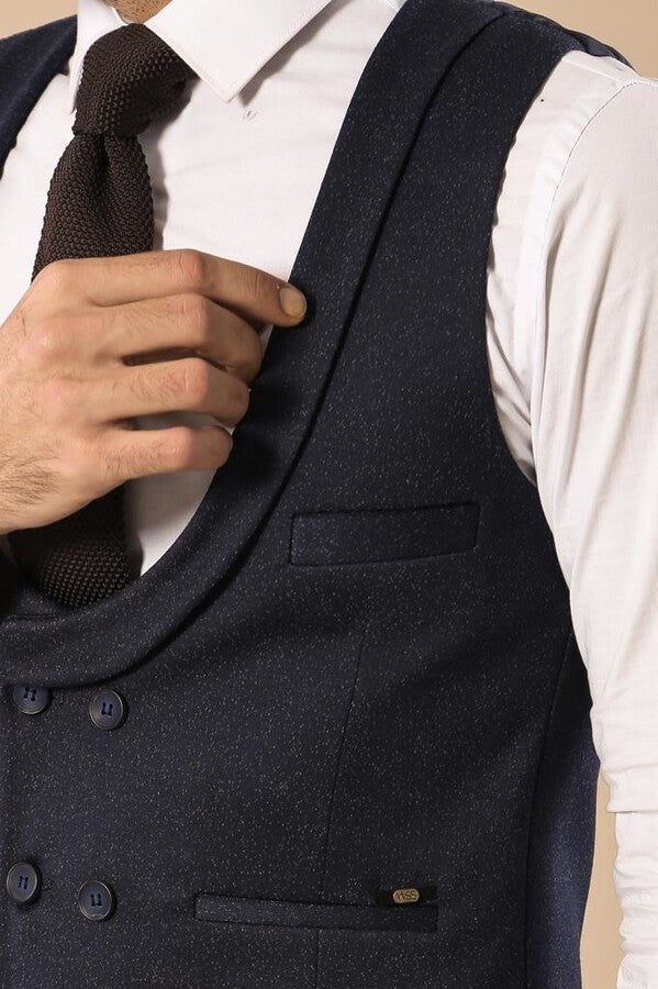 WSS Patterned Double Breasted Dark Navy Men Vest Trousers Set  - Winnipeg