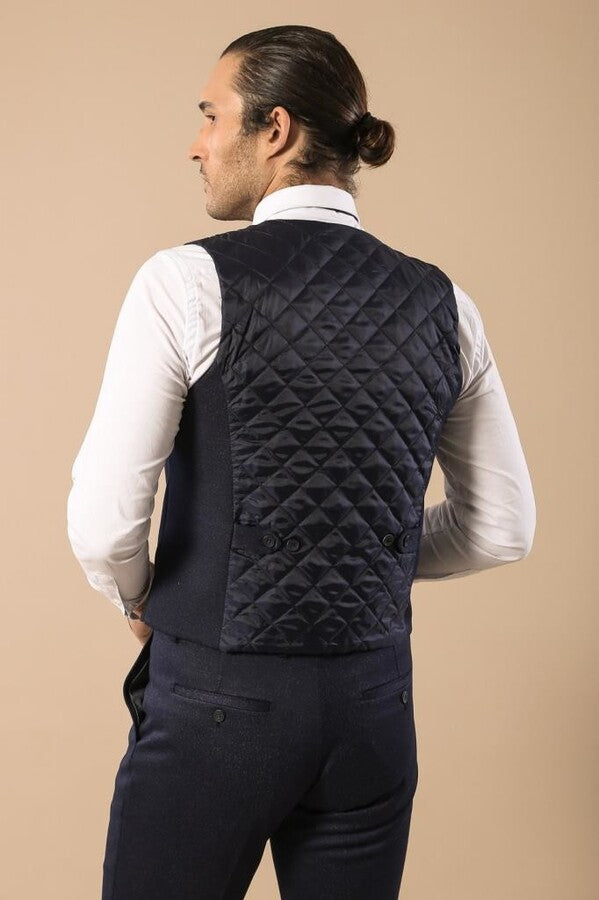 WSS Patterned Double Breasted Dark Navy Men Vest Trousers Set  - Winnipeg