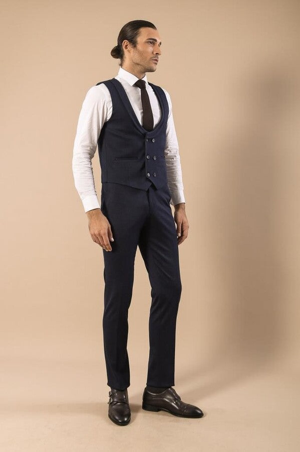 WSS Patterned Double Breasted Dark Navy Men Vest Trousers Set  - Winnipeg