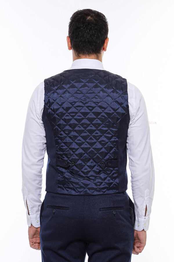 WSS Patterned Double Breasted Dark Navy Men Vest Trousers Set  - Winnipeg