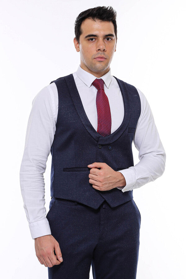WSS Patterned Double Breasted Dark Navy Men Vest Trousers Set  - Winnipeg