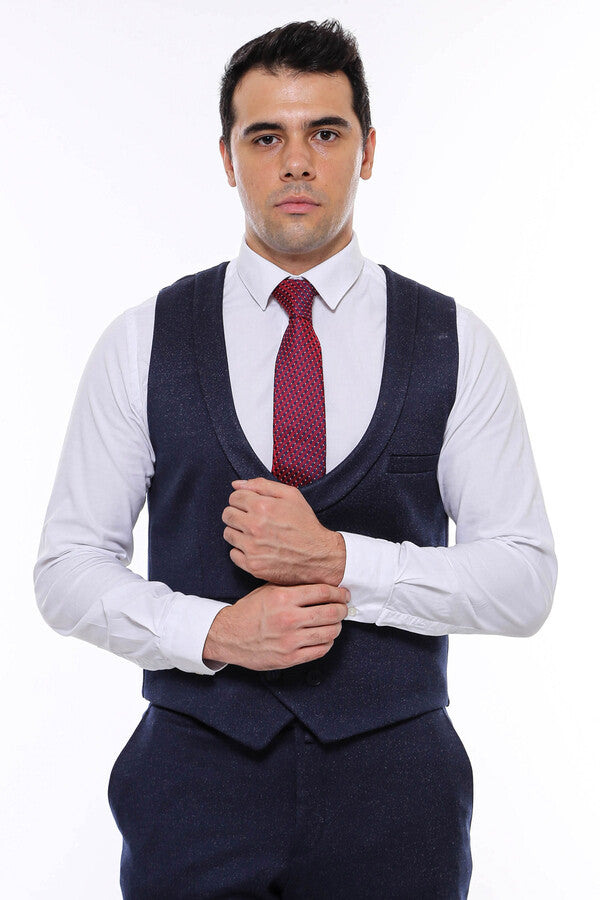 WSS Patterned Double Breasted Dark Navy Men Vest Trousers Set  - Winnipeg