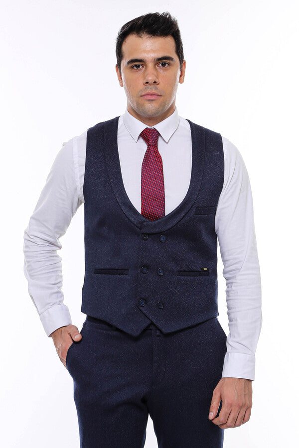 WSS Patterned Double Breasted Dark Navy Men Vest Trousers Set  - Winnipeg