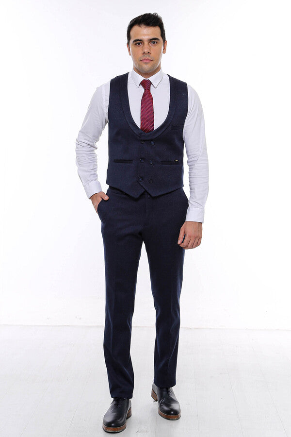 WSS Patterned Double Breasted Dark Navy Men Vest Trousers Set  - Winnipeg