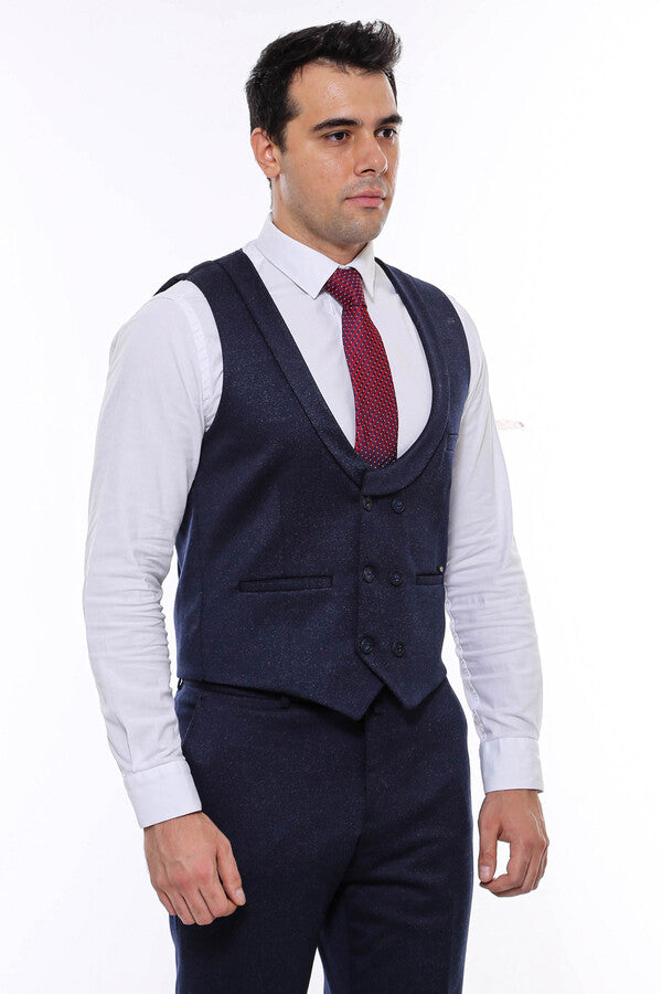 WSS Patterned Double Breasted Dark Navy Men Vest Trousers Set  - Winnipeg