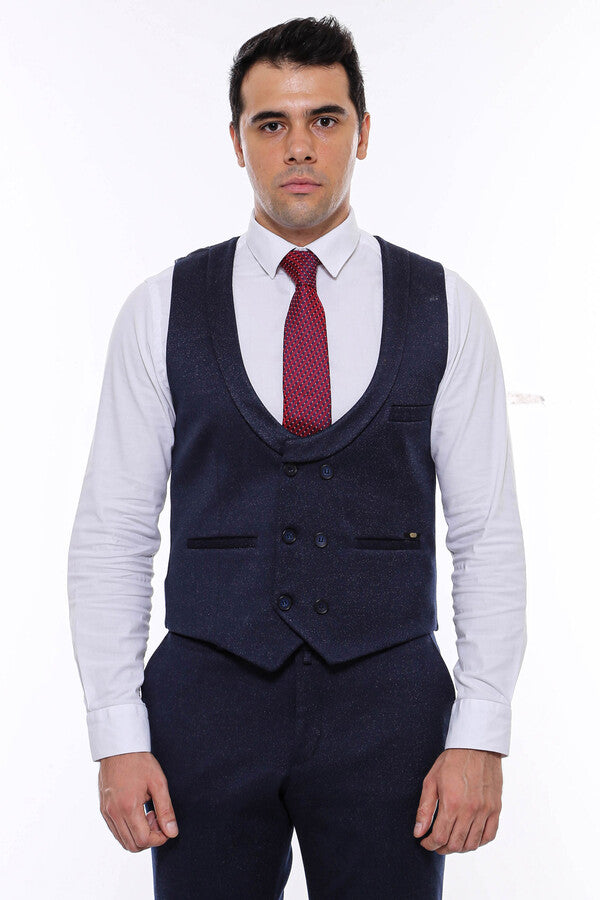 WSS Patterned Double Breasted Dark Navy Men Vest Trousers Set  - Winnipeg