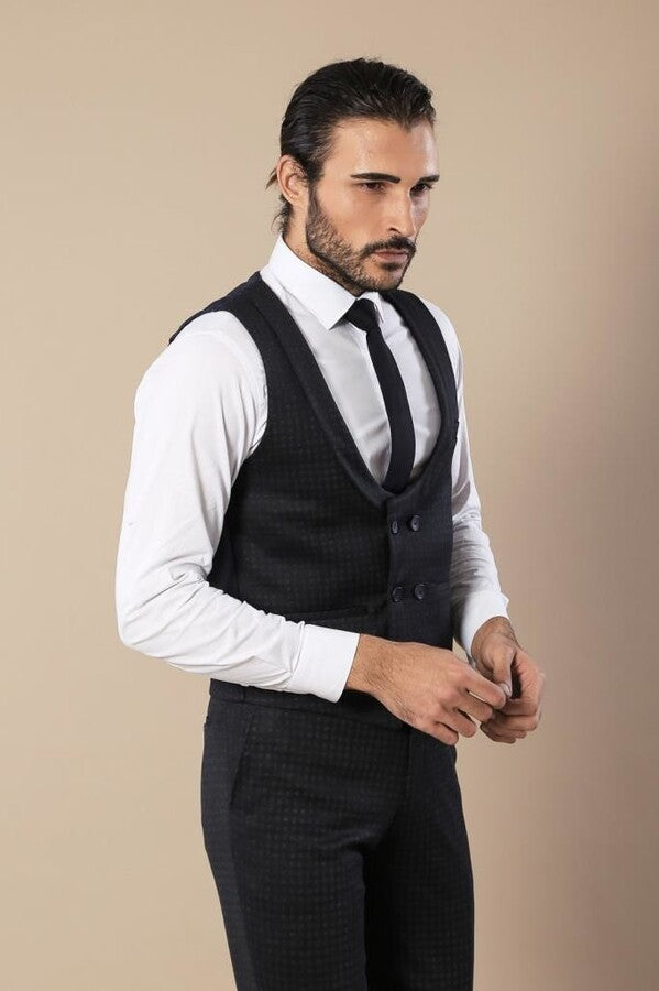 WSS Patterned Double Breasted Navy Blue Men Trousers Vest Set  - Decatur