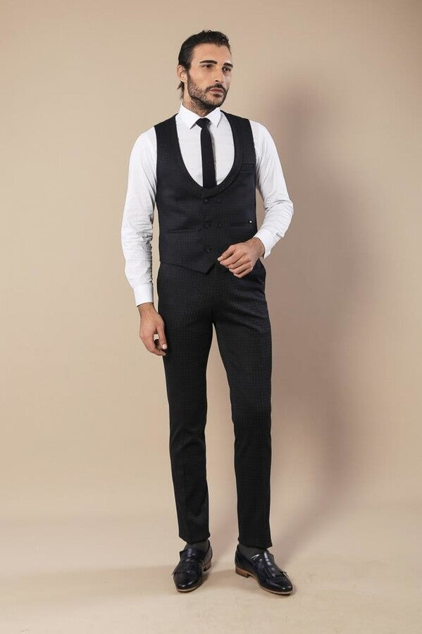 WSS Patterned Double Breasted Navy Blue Men Trousers Vest Set  - Decatur