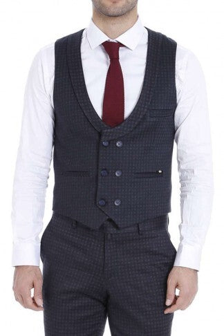 WSS Patterned Double Breasted Navy Blue Men Trousers Vest Set  - Decatur