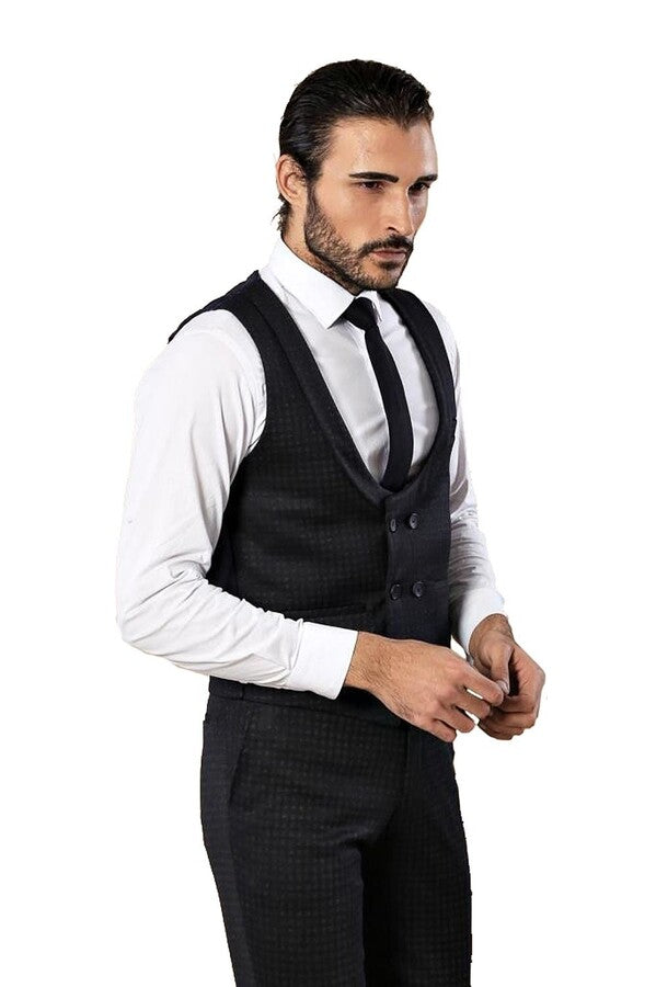 WSS Patterned Double Breasted Navy Blue Men Trousers Vest Set  - Decatur