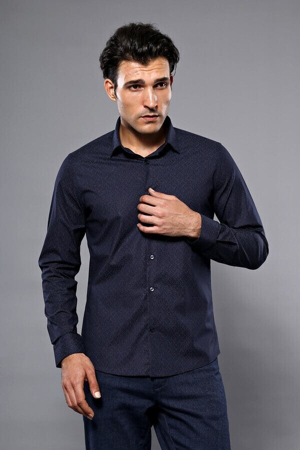 WSS Patterned Navy Blue Men's Shirt  - Sandy Springs