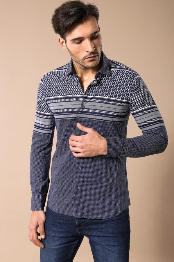 WSS Patterned Navy Blue Men Shirt  - Tulcea