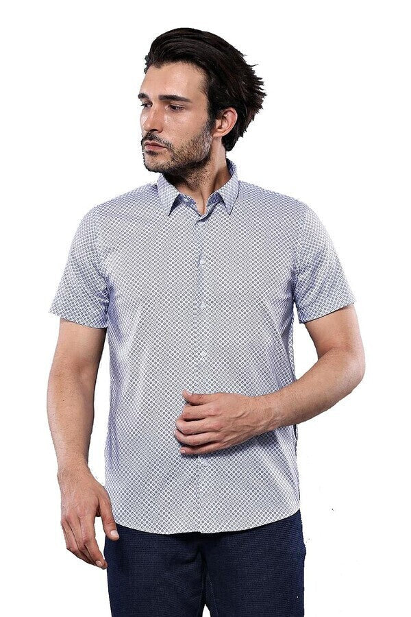 WSS Patterned Short Sleeve Blue Men Shirt  - Jáltipan de Morelos