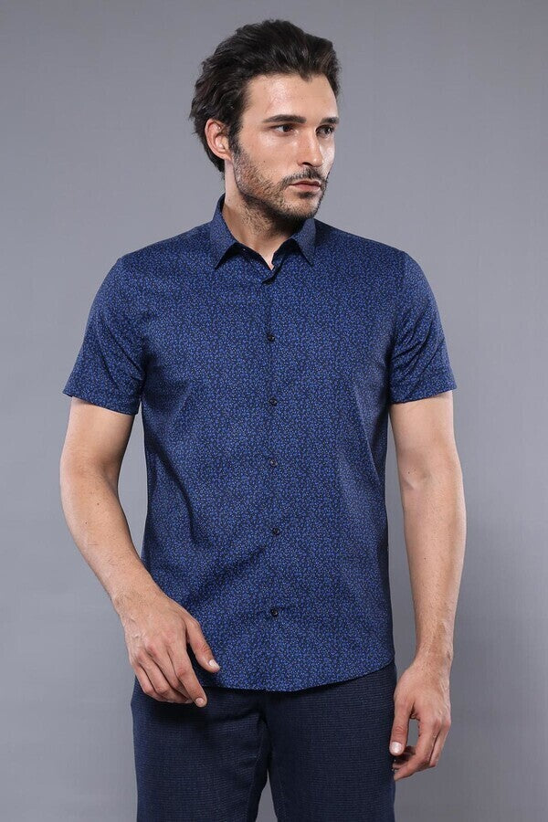 WSS Patterned Short Sleeves Navy Blue Men Shirt  - Iowa City