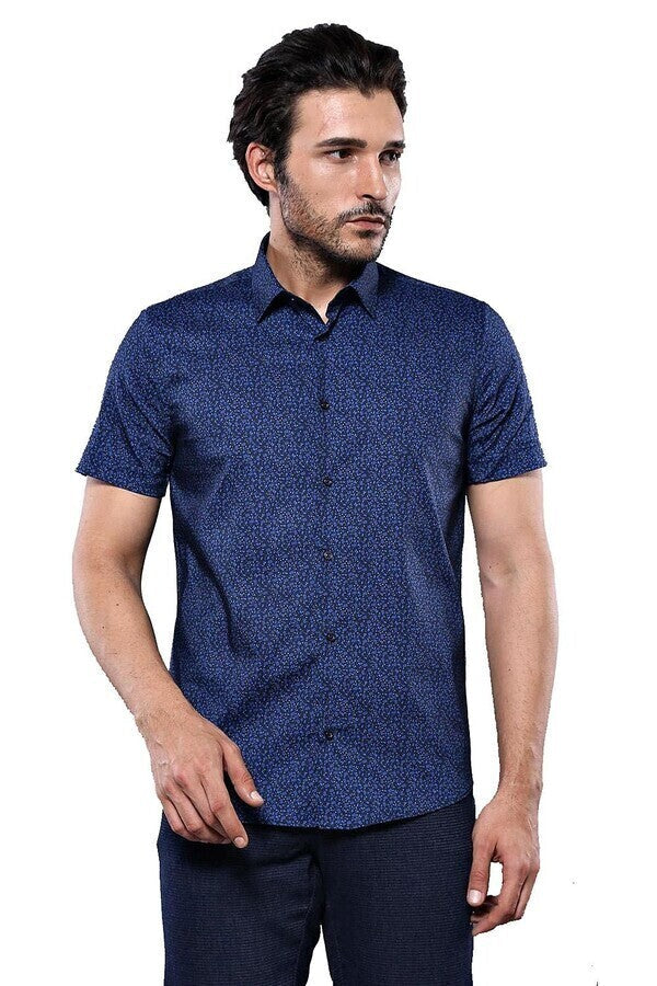 WSS Patterned Short Sleeves Navy Blue Men Shirt  - Iowa City