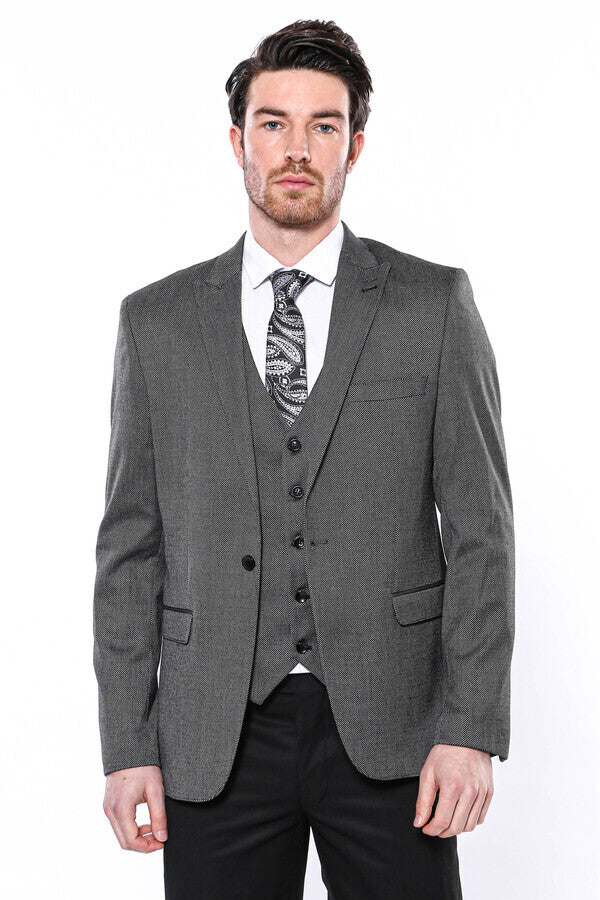 WSS Patterned Slim-Fit Dark Grey Men Blazer  - Singen
