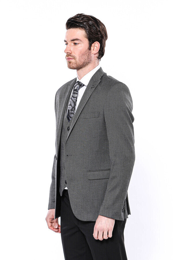 WSS Patterned Slim-Fit Dark Grey Men Blazer  - Singen