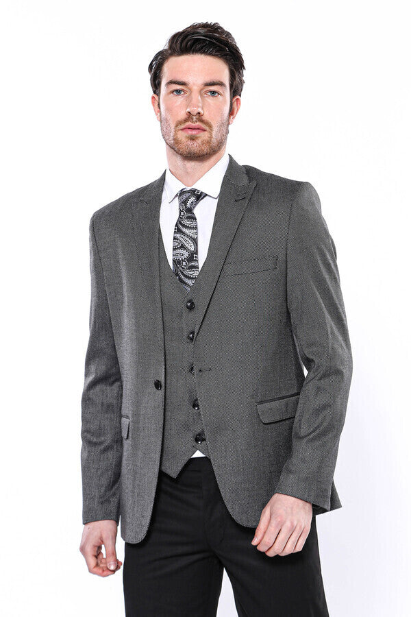 WSS Patterned Slim-Fit Dark Grey Men Blazer  - Singen