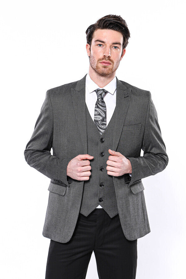 WSS Patterned Slim-Fit Dark Grey Men Blazer  - Singen