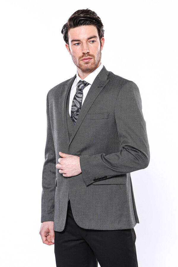 WSS Patterned Slim-Fit Dark Grey Men Blazer  - Singen