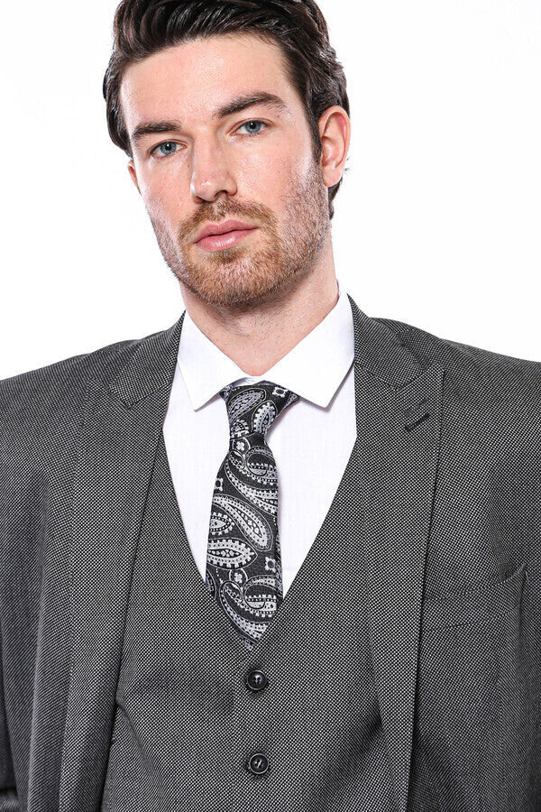 WSS Patterned Slim-Fit Dark Grey Men Blazer  - Singen